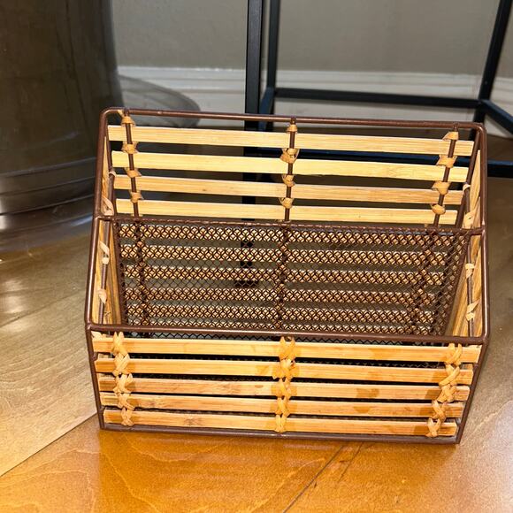 Vintage set of woven bamboo desktop organizers pen cup sticky note mail - Picture 5 of 10